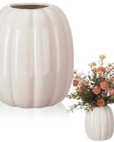 Beeveer 6.7 Inch Ceramic Pumpkin Vase Large Artificial Fake White Pumpkin Flower Vase Decorative Plant Pots for Fall Autumn Halloween Harvest Thanksgiving Farmhouses Home Room Office Decorations