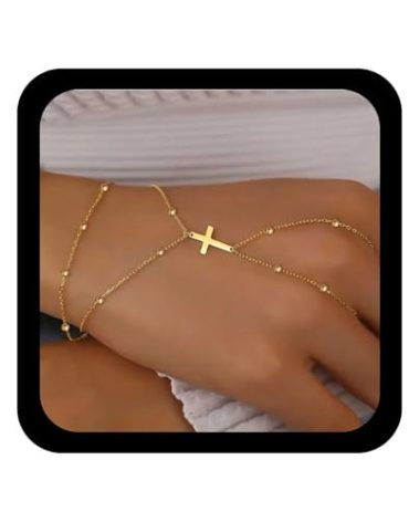 Allereyae Gothic Cross Finger Ring Bracelet Adjustable Cross Hand Chain Crucifix Slave Bracelets Gold Crucifix Bracelet Ball Chain Harness Bracelets Jewelry for Women