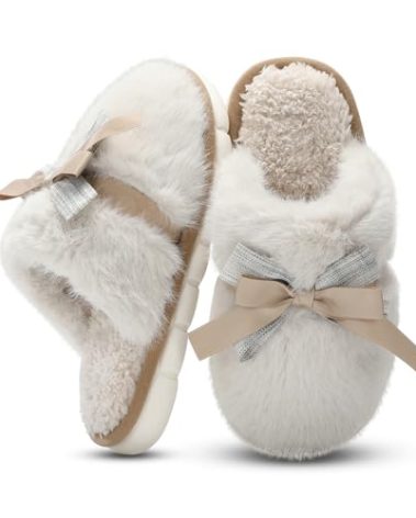 GOEWY Cute Womens Slippers Memory Foam Faux Fur House Slippers for Women Fuzzy Plush Comfy with Bow Butterfly Tie Anti-Skid House Shoes Indoor Outdoor Gifts for Women Mom Ladies
