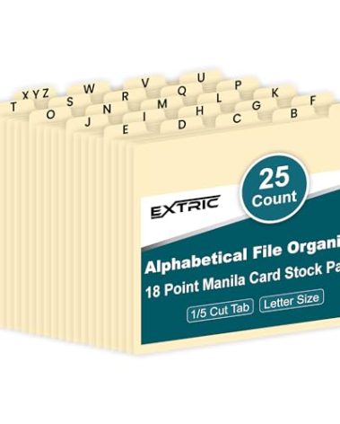 Alphabetical File Organizer, File Cabinet Dividers Letter Size, 25 Heavyweight Manila Guides A-Z Dividers with Tabs, 1/5 Cut Tab Positions Filing Cabinet and Desk Organizer