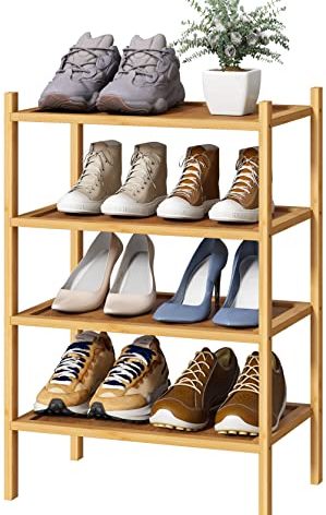 kiplant Small Shoe Rack, 4-Tier Bamboo Wood Shoe Rack for Entryway, Stackable Shoe Organizer for Hallway Closet, Free Standing Shoe Racks for Indoor & Outdoor