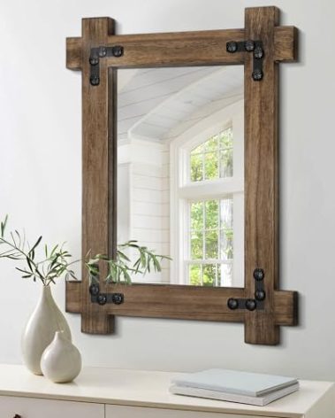 Lzuso Wood Hanging Wall Mirror Vintage Farmhouse Decorative Mirror for Wall Rectangular Rustic Mirror for Bathroom Bedroom Entryway Decorative Vintage Mirrors