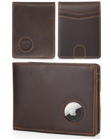 Polare Full Grain Leather Bifold RFID Blocking Wallet with Air Tag Slot, Men's Slim Minimalist Cash Credit Card Front Pocket Wallet with Gift Box