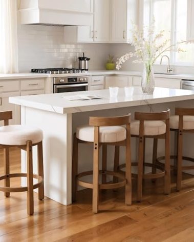 HEAH-YO Mid Century Modern Bar Stools Set of 4, 26.5" Counter Stools with Back, Linen Upholstered Barstools with Solid Wood Legs Bar Chairs for Kitchen Island Dining Room, Beige