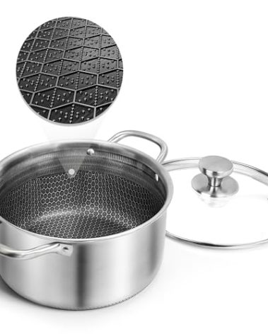 AuFranc™ Hybrid Nonstick 6 Quart Stainless Steel Stockpot with Glass Lid, Induction Stock Pot with Honeycomb Carving, Non-stick Soup Pot Compatible with All Cooktops, Non-Toxic, Dishwasher & Oven Safe