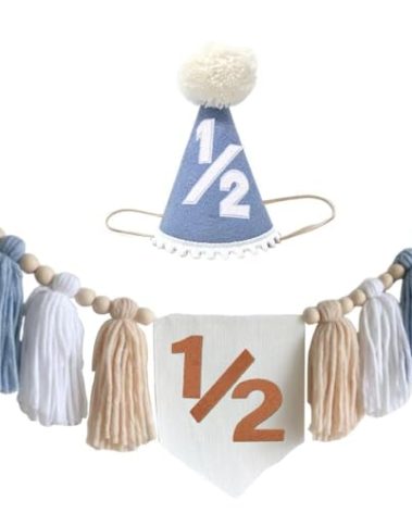 Blue Handmade 1/2 High Chair Banner with Cone Birthday Hat for Half Way To One Baby Boy 6 Months Half Birthday Decorations