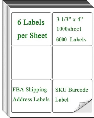 6 Up Shipping Address Labels, 3.33" X 4" (8164/5164) FBA SKU Barcode Label for Inkjet/Laser Printer (1000 Sheet -6000 Labels)