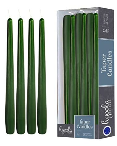 Hyoola 12 Pack Tall Taper Candles - 14 Inch Hunter Green Dripless, Unscented Dinner Candle - Paraffin Wax with Cotton Wicks - 12 Hour Burn Time
