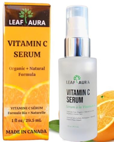 Leaf Aura Vitamin C Serum, Sulphate-Free, Organic+ Natural Formula, Brightens Uneven Skin, Made In Canada, 29.5ml