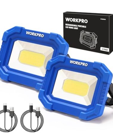 WORKPRO LED Work Light, Rechargeable Magnetic Work Lights with Stand, Portable, Waterproof, 2000LM COB Flood Light for Camping, Fishing, Car Repair, Job Site Lighting, Hiking, 4 Modes, 2 Pack
