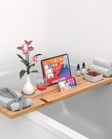 MUNNAR Bathtub Tray for Freestanding Bath, Solid Pine Wood Bath Tray for Tub, Bath Caddy for Home Spa, Adjustable Bathtub Trays for Tub, with Bathtub Accessories Holders, Patent Design, 35x9