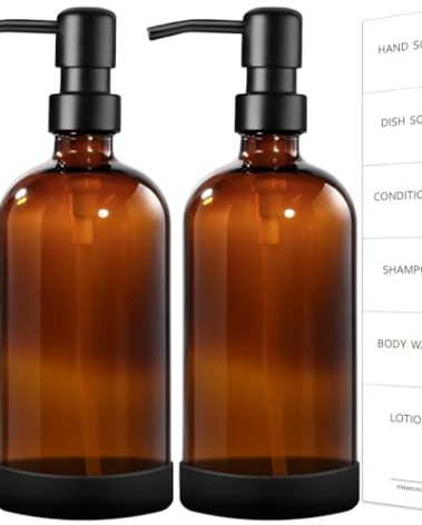 GMISUN Amber Glass Soap Dispenser with Silicone Sleeve Boot, 2 Pack Bathroom Hand Soap Dispensers with Pump, 17 Fl Oz Kitchen Hand and Dish Soap Dispenser Set, Liquid Soap Dispensers Bottle