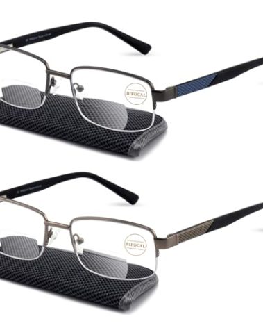 Missfive 2-Pack Mens Premium Bifocal Reading Glasses Blue Light Blocking, Computer Readers Metal Frame with No Broken Spring Hinge, Far/Near Dual-use Eyeglasses 1 Blue & 1 Gun-Silver, 2.5x