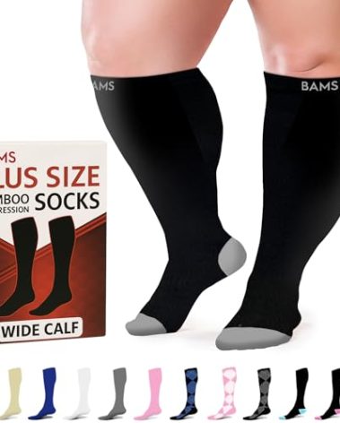 BAMS Plus Size Compression Socks Wide Calf XL XXL XXXL – Graduated Knee-High Support, Viscose from Bamboo Easy-On/Easy-Off (Black with Gray, 3XL)