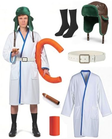 HRTELISI Christmas Vacation Cousin Eddie Costume, 6Pcs Robe, Green Trapper Hat, Belt, Black Socks, Prop Cigar, Tube, Halloween Christmas Funny Costume Cosplay Set