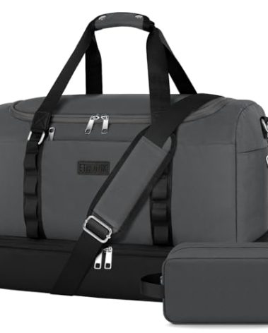 ETRONIK Travel Bag for Men Women, Duffle & Gym Bag with Shoe Compartment, Weekender Overnight Bag with Toiletry Bag, Carry on Bags for Airplanes for Travel, Trip, Gym, Yoga, Black-Grey