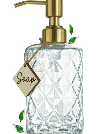 JASAI Diamond Design Glass Soap Dispenser with Golden Pump, Refillable Hand soap Dispenser for Kitchen, Soap Dispenser Bathroom for Soap, Hand soap, Dish Soap, Lotion.