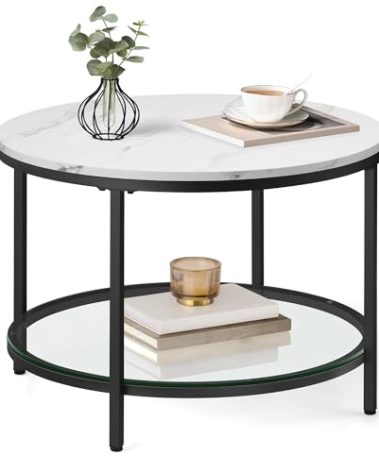 VASAGLE Round Coffee Table, 2-Tier Small Coffee Table with Faux Marble Top and Glass Shelf, Modern Style, for Living Room, 25.6 x 25.6 x 18.1 Inches, Marble White and Ink Black ULCT072W13
