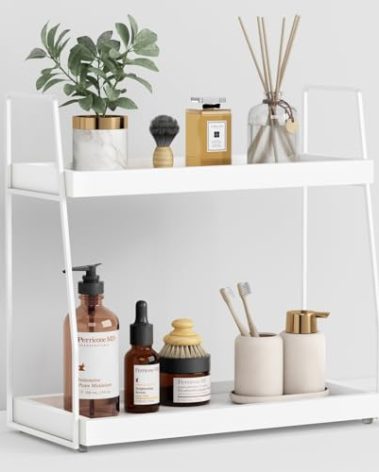 Forbena White 2 Tier Bathroom Organizer Countertop, Small Counter Top Organizer for Bathroom Decor, Modern Kitchen Counter Shelf for Snack, Vanity Makeup Organizers and Storage Tray for Bedroom