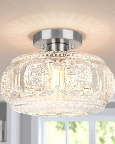OYKYOHEI Semi Flush Mount Ceiling Light, Upgraded Larger Brushed Nickel Glass Ceiling Light Fixture, Vintage Lighting for Hallway Kitchen Bedroom Dining Room, Bulb Not Included