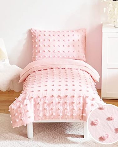 4 Pieces Tufted Dots Toddler Bedding Set Solid Pink Jacquard Pom Pom Tufts, Soft and Embroidery Shabby Chic Boho Design for Baby Girls, Includes Comforter, Flat Sheet, Fitted Sheet and Pillowcase