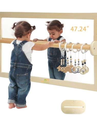 JHNIFTYNEST Infant Coordination Mirror Montessori Safety Pull up Bar Baby Mirror Acrylic Non-Glass Early Learning to Walk Mirror Upgrade Dual-Use with Base 47.24”