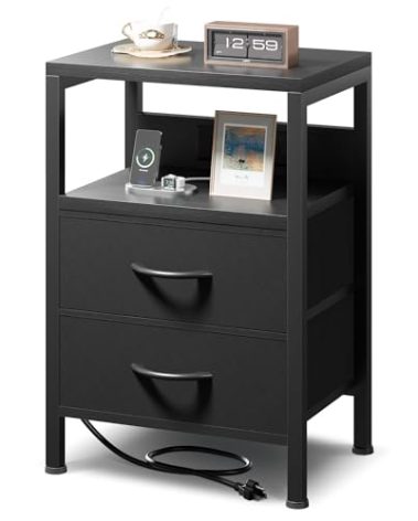 NightStand Bedside Charging Table Bedroom - Night Stand with Charger Station, Modern Nightstand with Open Shelf & 2 Fabric Drawers, Bed Side Table with USB-C USB Ports & AC Outlets for Dorm, Black