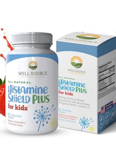 Histamine Shield Plus Natural Antihistamine Supplement, Sinus & Allergy Relief for Pollen, Pet Dander, Dust, Mold, and Odors, 60 Strawberry Fruit Punch Chewable Tablets
