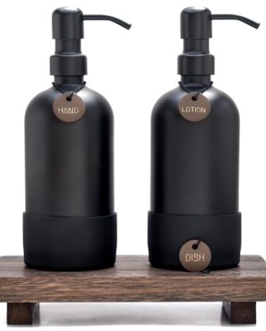 Finisterra Black Hand and Dish Soap Dispenser Set with Tray - Boho Bathroom Soap and Lotion Dispenser Set with Tray & Kitchen Soap Dispenser Set with Tray Luxury Hand Soap and Lotion Dispenser Set