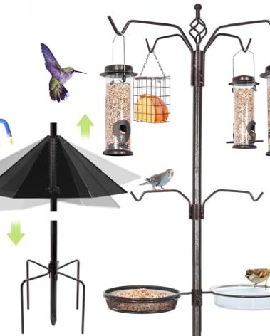 YINGYM 6-Hook Bird Feeding Station Kit, 94 Inch Heavy Duty Bird Feeder Stand Pole for Outdoors Hanging with 4 Feeders, Wide Metal Squirrel Baffle, Attracting Wild Birds