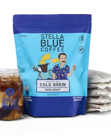 Stella Blue Cold Brew Coffee Bags, Electric Ave Blend, Dark Roast Ground Coffee, Smooth, Bold and Refreshing 100% Arabica, 6 Brew Packets, Makes 24 Cups, Rainforest Alliance Certified