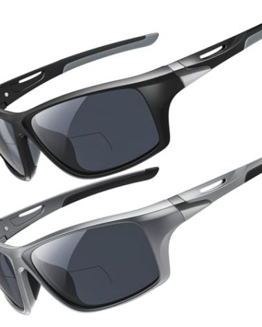 DEHOTRE 2 Pack Bifocal Reading Sunglasses Men Wrap Around Sports Sun Readers Outdoor Clear Top Soft Nose Pads PC Frame UV400 Black & Grey 1.75