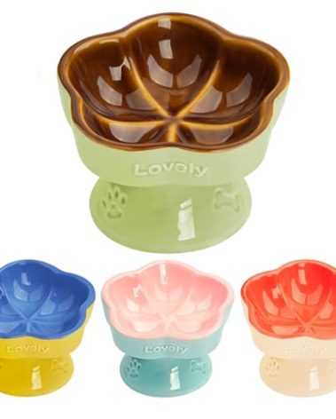 S&Q's CERAMICS Raised Cat Bowl, Elevated Cat Bowl for Food and Water, Ceramic Titled Dish, Anti Vomit & Whisker Friendly, Microwave and Dishwasher Safe (Brown, 5.8")