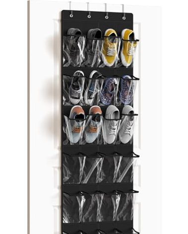 Simple Houseware 24 Pockets - Crystal Clear Over The Door Hanging Shoe Organizer, Black (64'' x 19'')