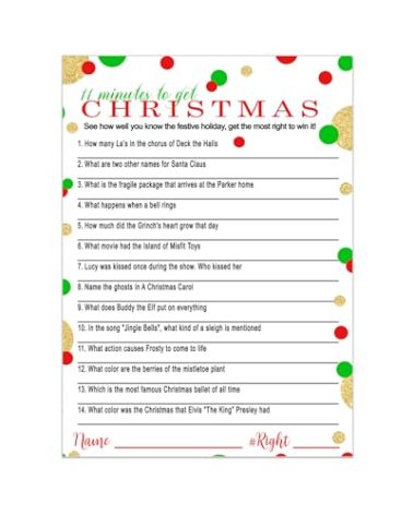 Christmas Trivia Game Fun Party Activity for Adults, Office, Group, Thanksgiving, Holiday Movie and Song Questions, 25 Guest Pack, 5x7 Cards, Version 1