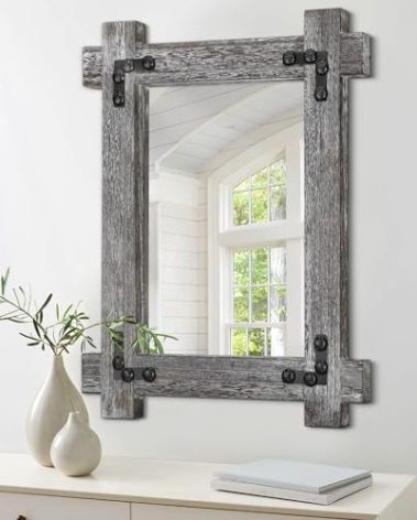 Lzuso Wood Hanging Mirror with Rustic Frame Rectanglar Vintage Mirrors for Wall Farmhouse Vanity Bedroom Bathroom Living Room Entryway Decorative Mirror Large Natural