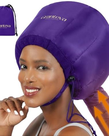 Bonnet Hair Dryer Attachment w/A Headband Integrated That Reduces Heat Around Ears & Neck - Diffuser Cap for Hair Dryer Curly Hair, Speeds Up Drying Time, Deep Conditioning at Home - Large (Purple)