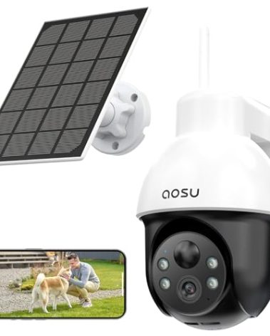 AOSU Solar Security Camera Wireless Outdoor System, 3K/5MP Battery Powered WiFi Camera for Home Security, Panoramic PTZ, Auto Tracking, Human/Vehicle Detection, Night Vision, Spotlights, 2-Way Talk