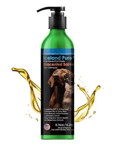 Iceland Pure Salmon Oil | Unscented Pharmaceutical Grade | 1118mg of Omega-3 per teaspoon | Liquid Food Supplement For Dogs and Cats | BPA-Free Brushed Aluminum Epoxy coated Bottle with Pump 8.75oz