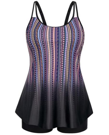 Hanna Nikole Plus Size Swimsuit Tummy Control Floral Printed Swimwear Swimsuits with Short Multicolor Lines 20W