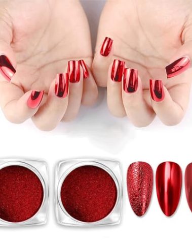Red Chrome Nail Powder Set, 2 Jars Reflective Glitter Metallic Mirror Effect for Nails Art Design 3D Holographic Red Pigment Dust Decorations