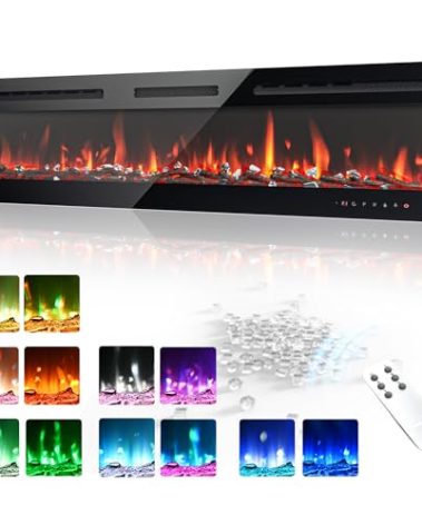 EUHOMY 60 Inch Electric Fireplace Wall Recessed and Wall Mounted with Adjustable Flame Color, Fireplace Heater with Remote Control, Linear Fireplace with Timer, Touch Screen, Log & Crystal, 750/1500W