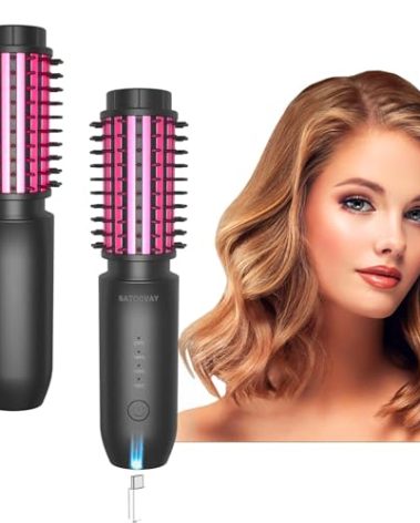 3-in-1 Cordless Curling Brush Iron & Heated Round Curling Brush & Hair Straightener Brush, Portable Rechargeable Travel Hair Curler for Women (Purple)