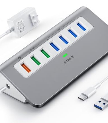 Powered USB-C 7-Port Hub, USB 3.2 Gen 2 Adapter - 4x 10Gbps Data, 3x 3.3ft Charging Ports, 30W Power Adapter for Laptop, PC, MacBook