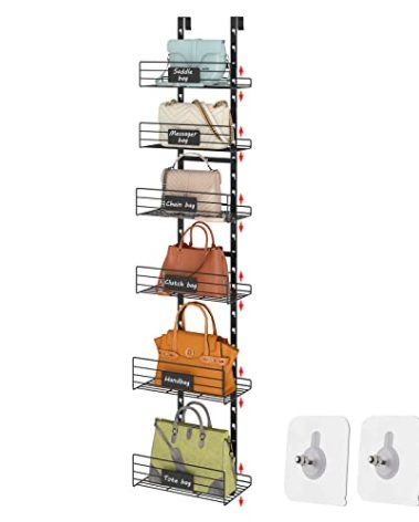 Aokitsink Hanging Purse Handbag Organizer Rack with Name Plate, Over The Door Detachable Bag Storage Rack - Can Use As 1/2 Part, Wall Mounted Adjustable Bag Rack with Stickers & Tapes