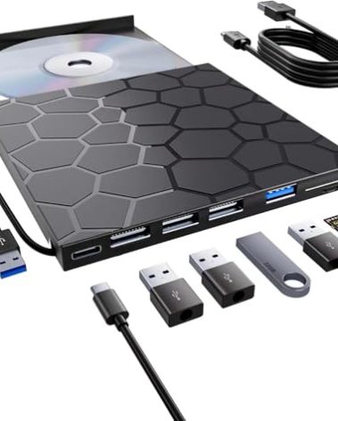 VAIYI External CD/DVD Drive for Laptop, Portable DVD Player for Laptop, 8 in 1 USB 3.0 CD/DVD-ROM +/-RW CD Burner,cd Drive External USB cd Reader Compatible with Desktop Mac,Windows 11/10/8/7 Linux