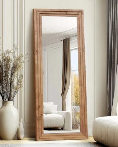 ABSWHLM Full Length Mirror 65"x22" with Stand Solid Wood Frame Floor Large Mirror for Living Room, Bedroom Hanging Standing or Leaning Wall-Mounted, Light Brown