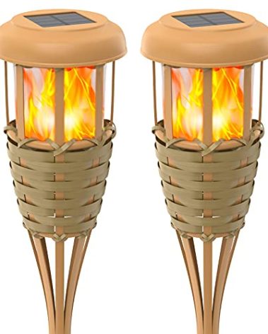 Evelynsun Flickering Flames Solar Powered Lights - Upgraded Solar Torches Waterproof Outdoor Decorative Lighting Auto On/Off, Handmade Bamboo Finish, 2-Pack