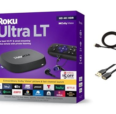 Roku Ultra LT Streaming Device 4K/HDR/Dolby Vision/Dual-Band Wi-Fi with Roku Voice Remote and HDMI Cable, with MTC HDMI Cable and USB Extension Cord