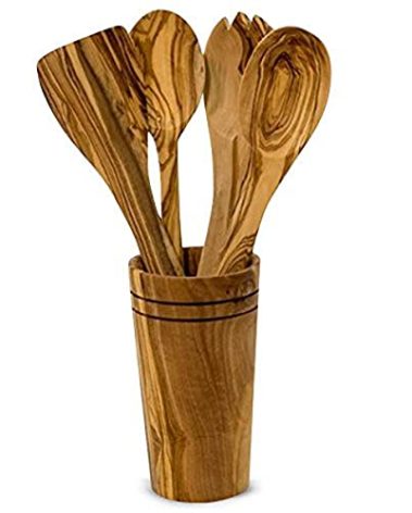 Olive Wood 5-Piece Wooden Cooking Utensil Set - Includes holder with spatula, cooking/mixing spoon, salad spoon and fork - Handcrafted in Tunisia - Unique patterns and color variations